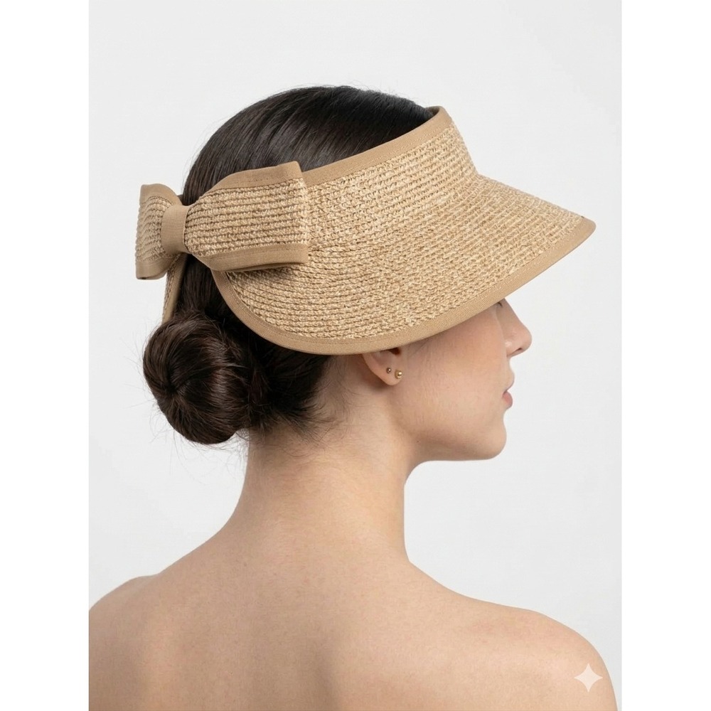 Sunday Afternoons Tan Straw Visor Sun Hat UPF 50+ Wide Brim Bow Back One Size